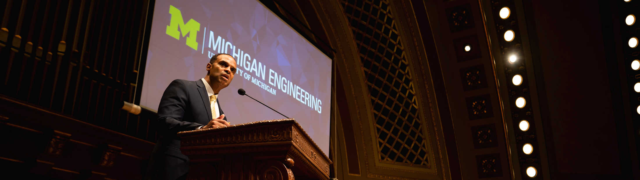 Alec D. Gallimore speaks at the Michigan Engineering Graduate Student Orientation in 2019