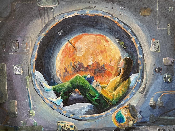 painting of a young woman in space gazing out the window at mars